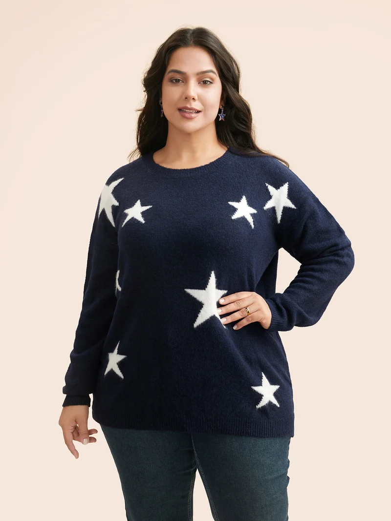Star Jacquard Crew Neck Pullover