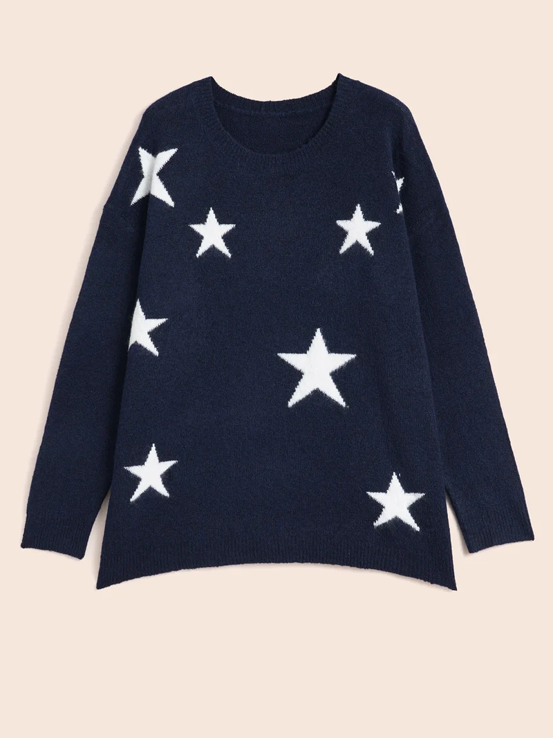Star Jacquard Crew Neck Pullover