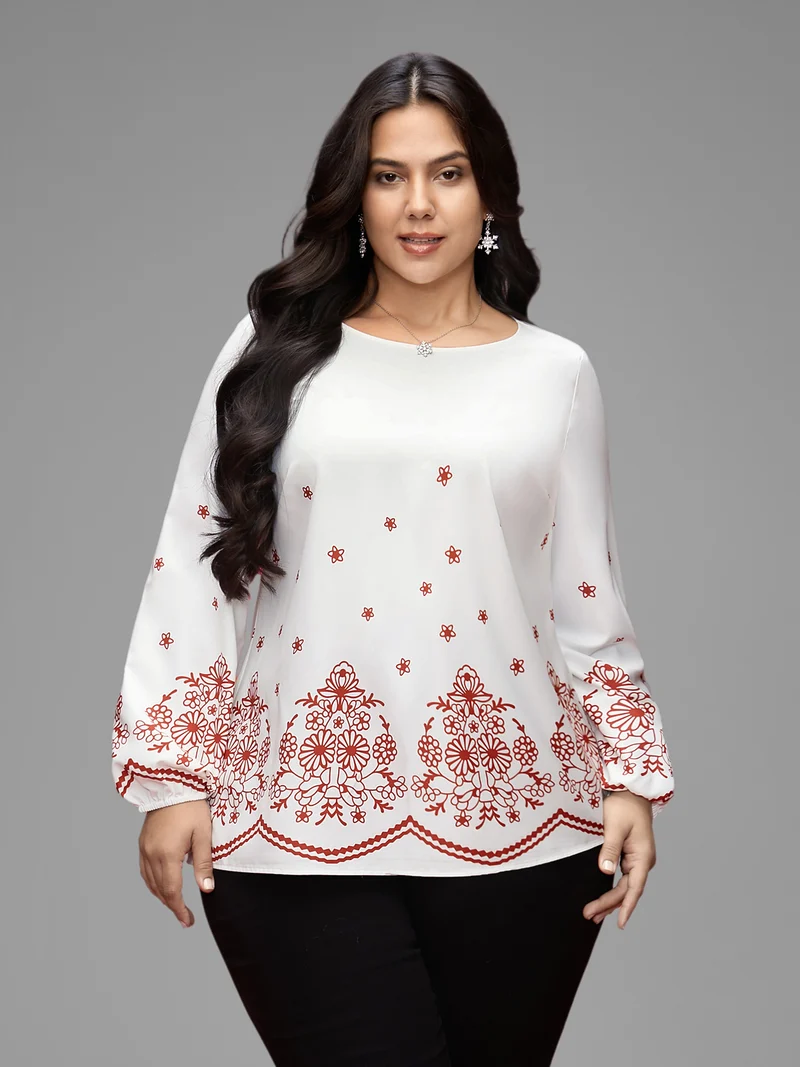 Floral Printed Back Pleated Straight Fit Blouse