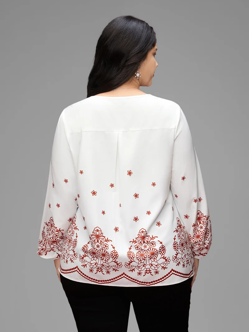 Floral Printed Back Pleated Straight Fit Blouse