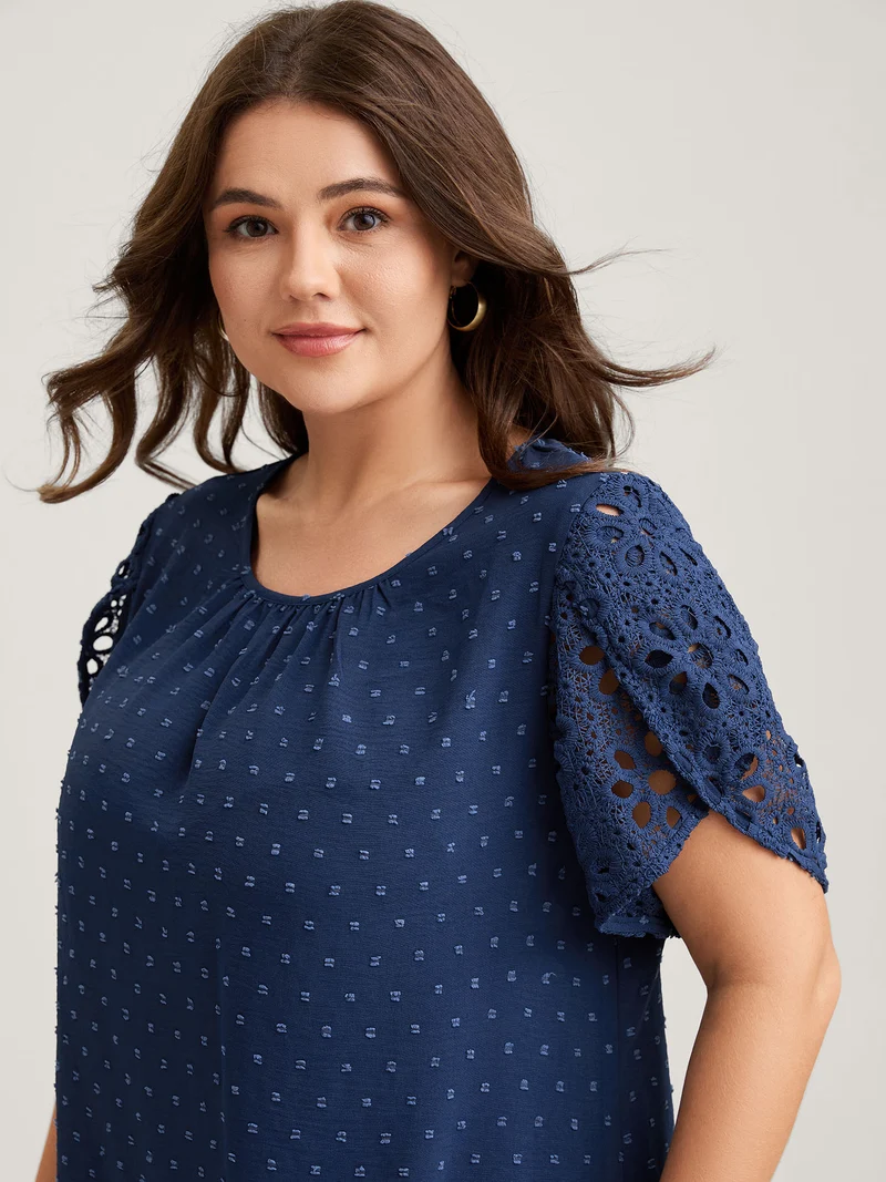 Textured Lace Petal Sleeve Pleated Neck Blouse