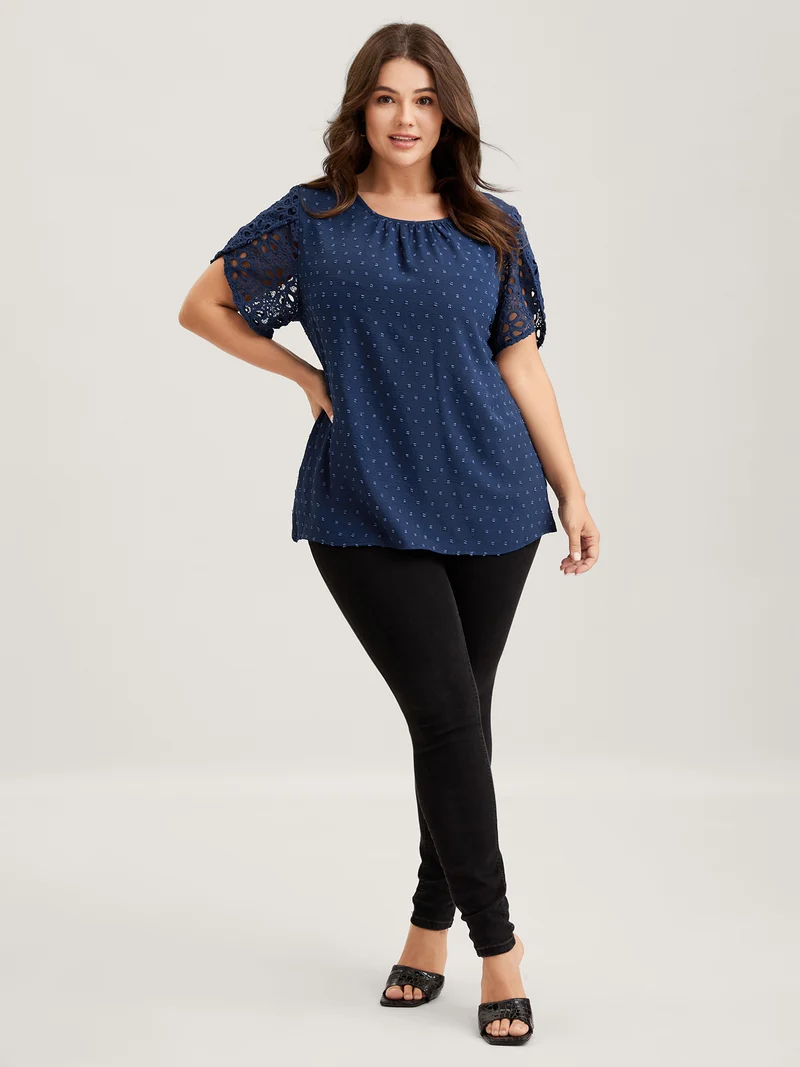 Textured Lace Petal Sleeve Pleated Neck Blouse