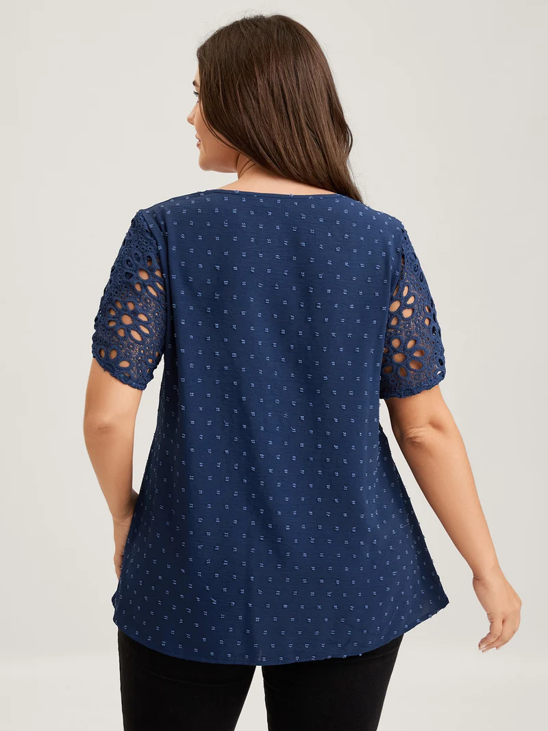 Textured Lace Petal Sleeve Pleated Neck Blouse