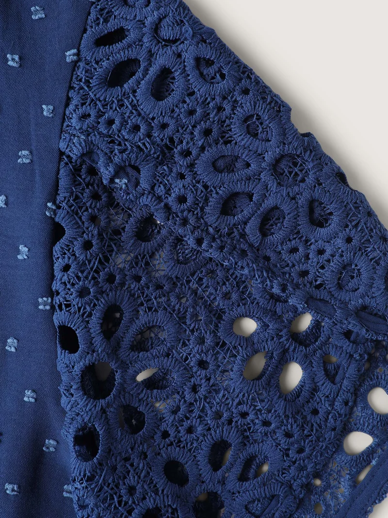 Textured Lace Petal Sleeve Pleated Neck Blouse