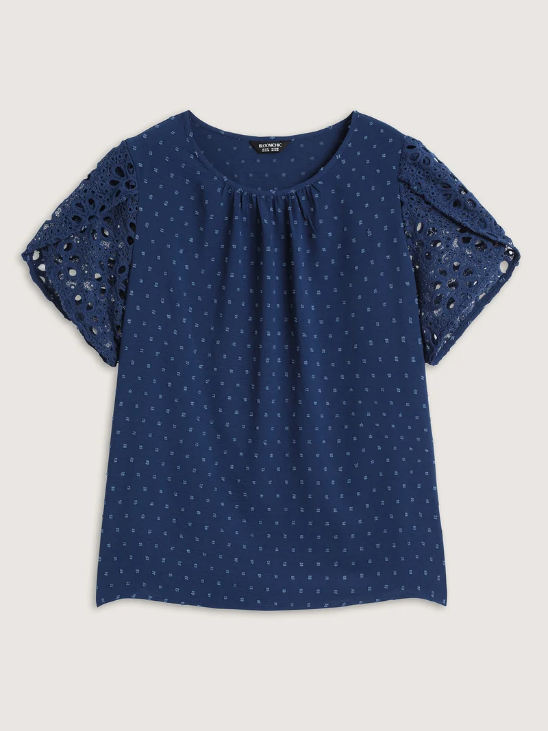 Textured Lace Petal Sleeve Pleated Neck Blouse