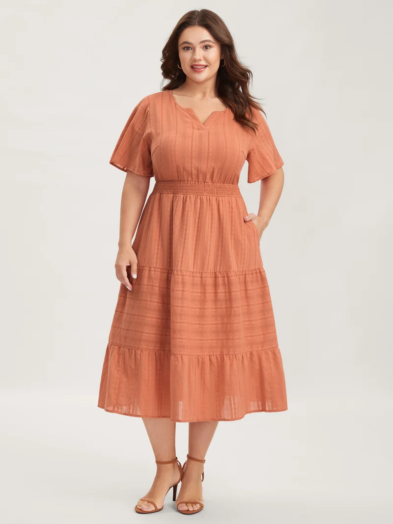 Pure Cotton Solid Textured Shirred Midi Dress