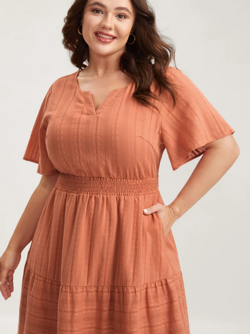 Pure Cotton Solid Textured Shirred Midi Dress