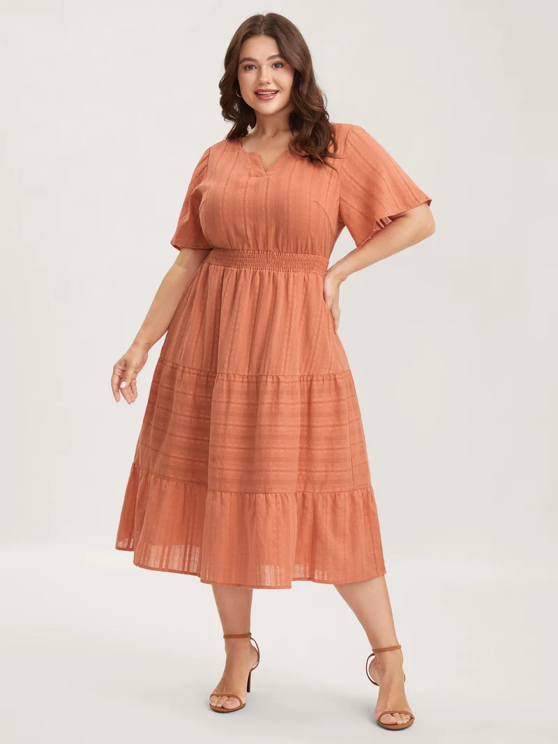 Pure Cotton Solid Textured Shirred Midi Dress