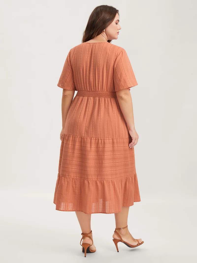 Pure Cotton Solid Textured Shirred Midi Dress