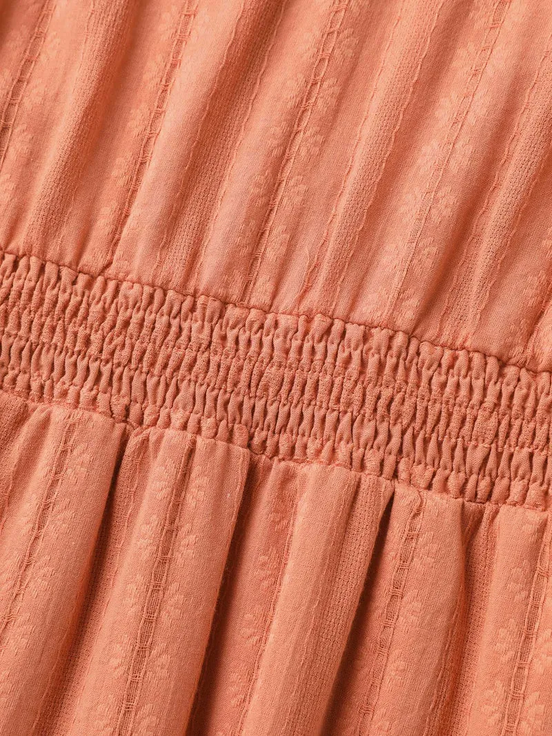 Pure Cotton Solid Textured Shirred Midi Dress