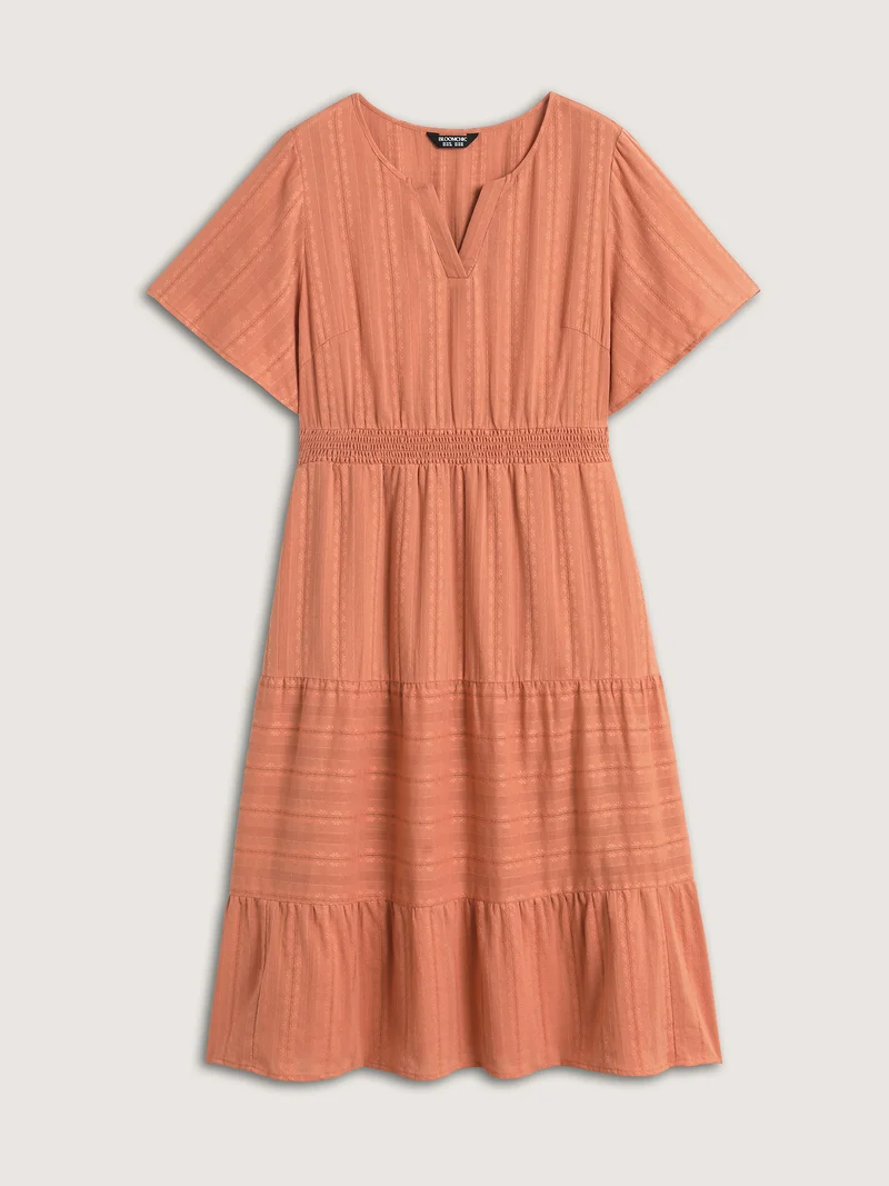 Pure Cotton Solid Textured Shirred Midi Dress