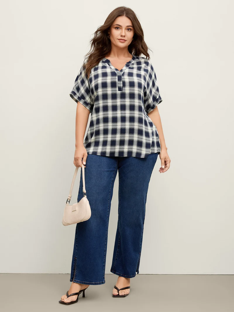 Supersoft Checkered Print Cuffed Sleeve Blouse