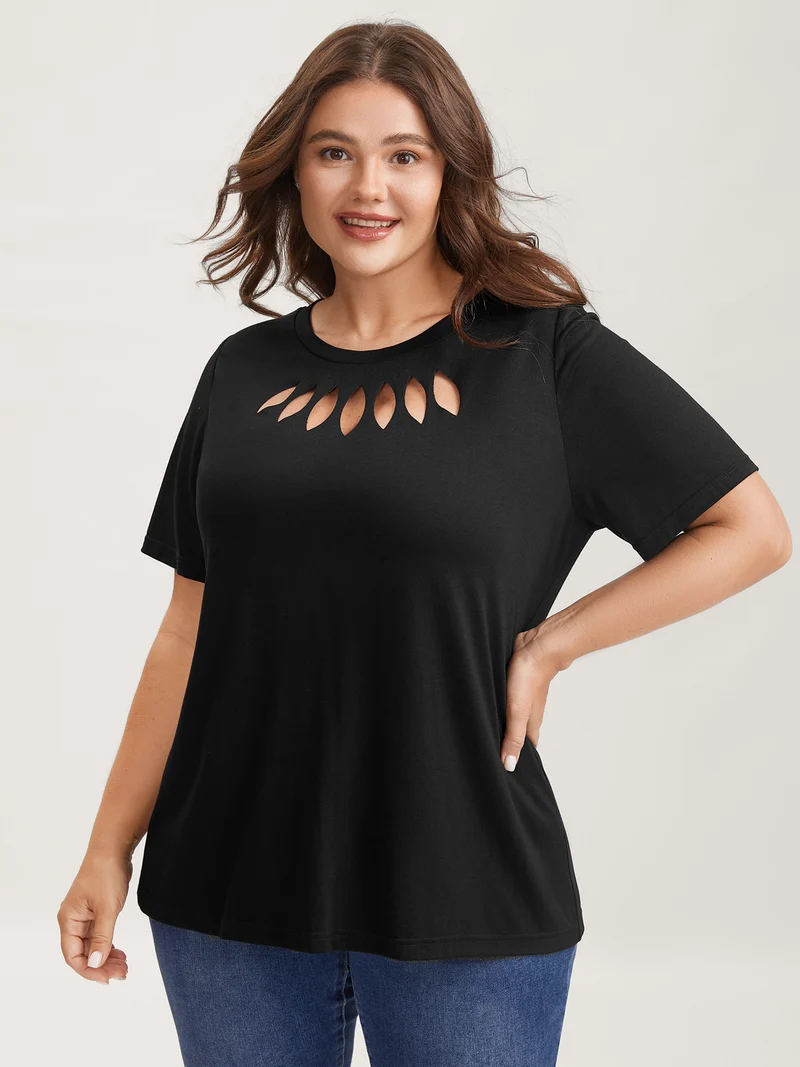 Laser Cut-Out Neck Solid T-Shirt
