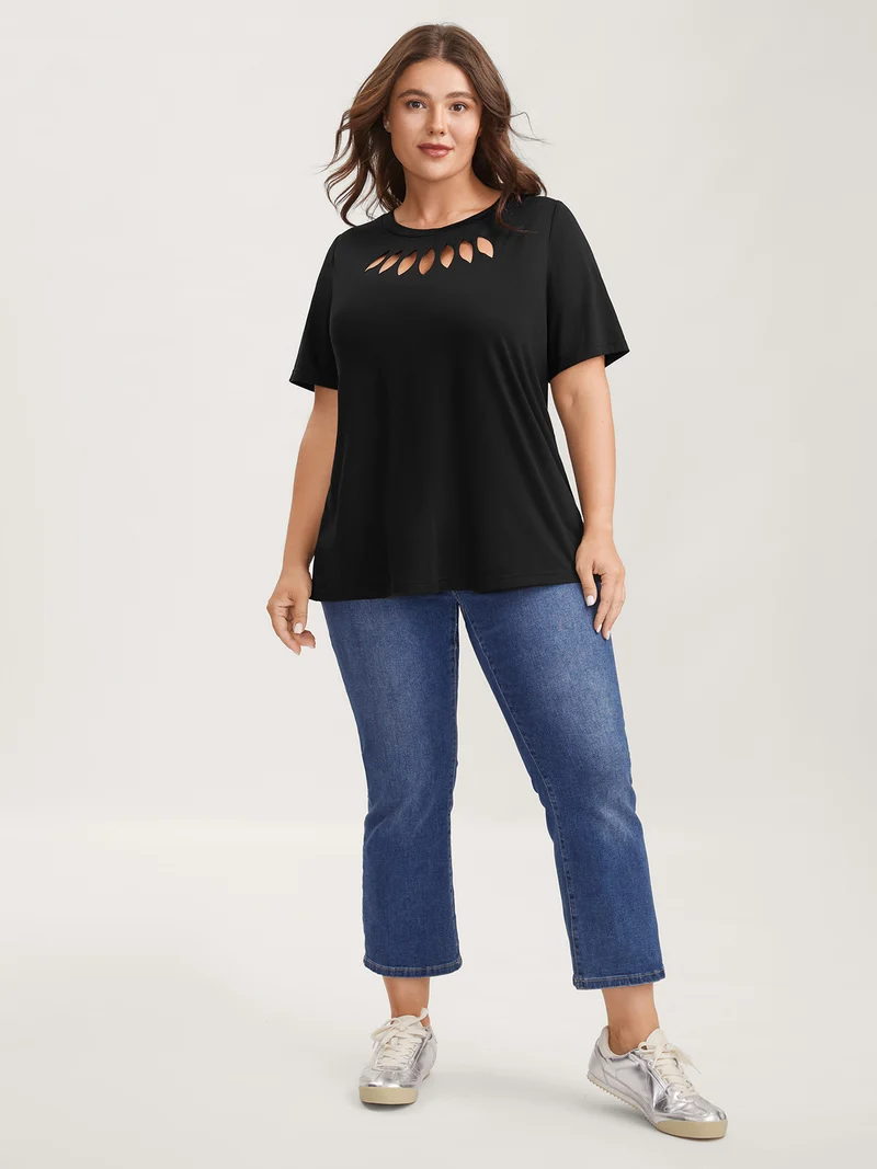 Laser Cut-Out Neck Solid T-Shirt