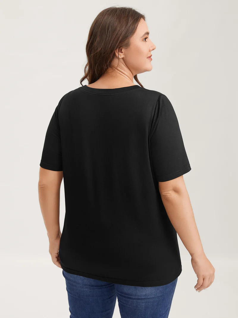 Laser Cut-Out Neck Solid T-Shirt