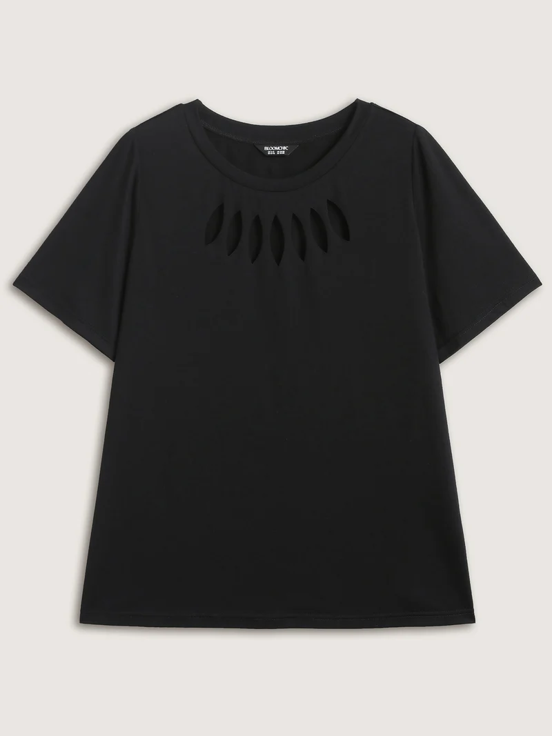 Laser Cut-Out Neck Solid T-Shirt