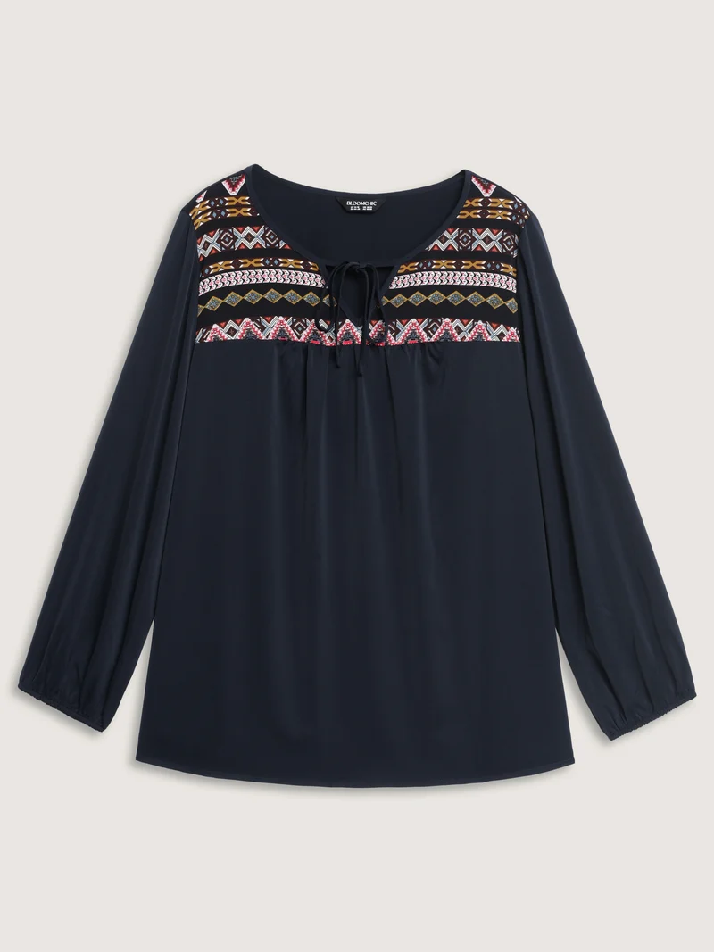 Colorful Boho Neck-Tie Puffy Sleeve Blouse
