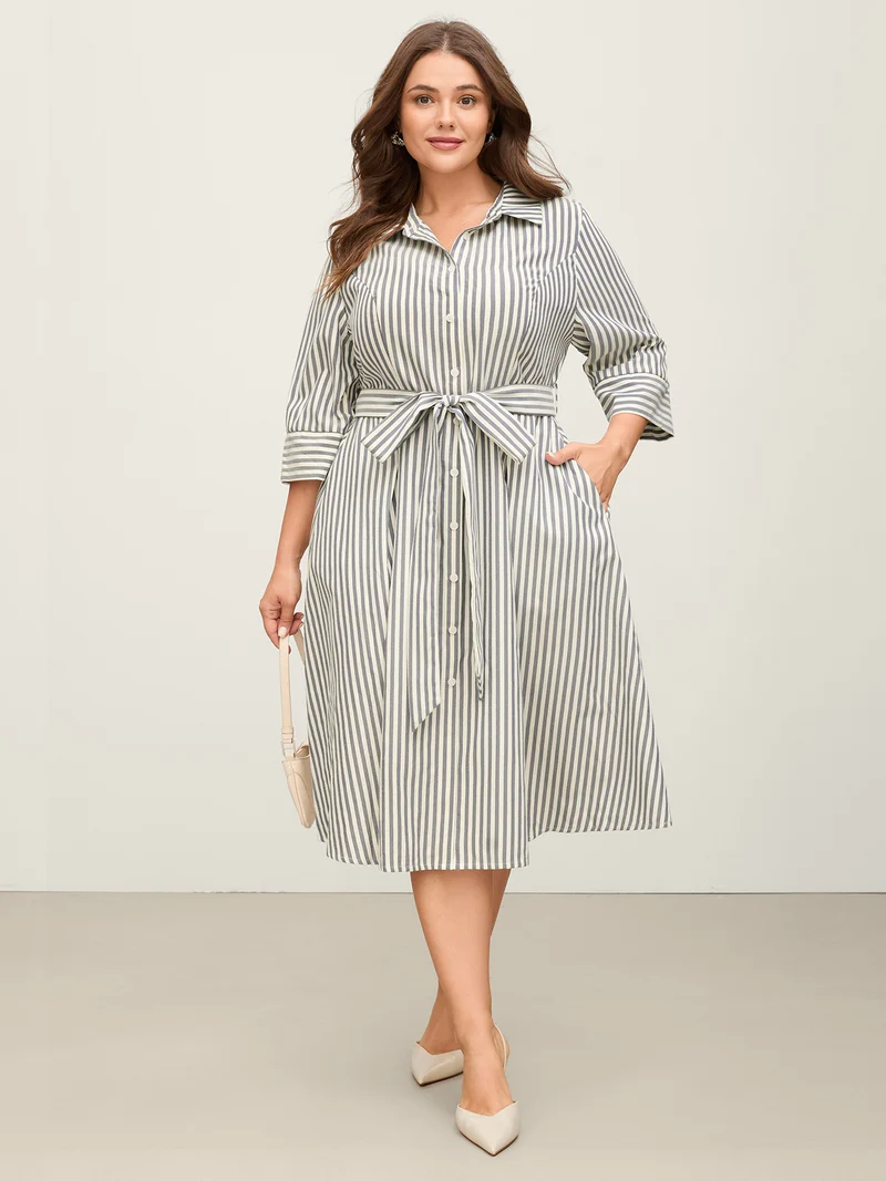 Striped Waist Belt Midi Shirt Dress