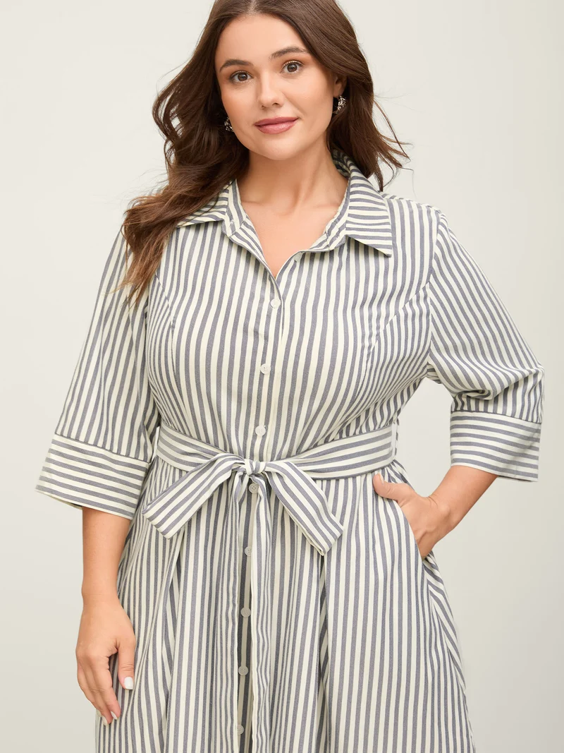 Striped Waist Belt Midi Shirt Dress