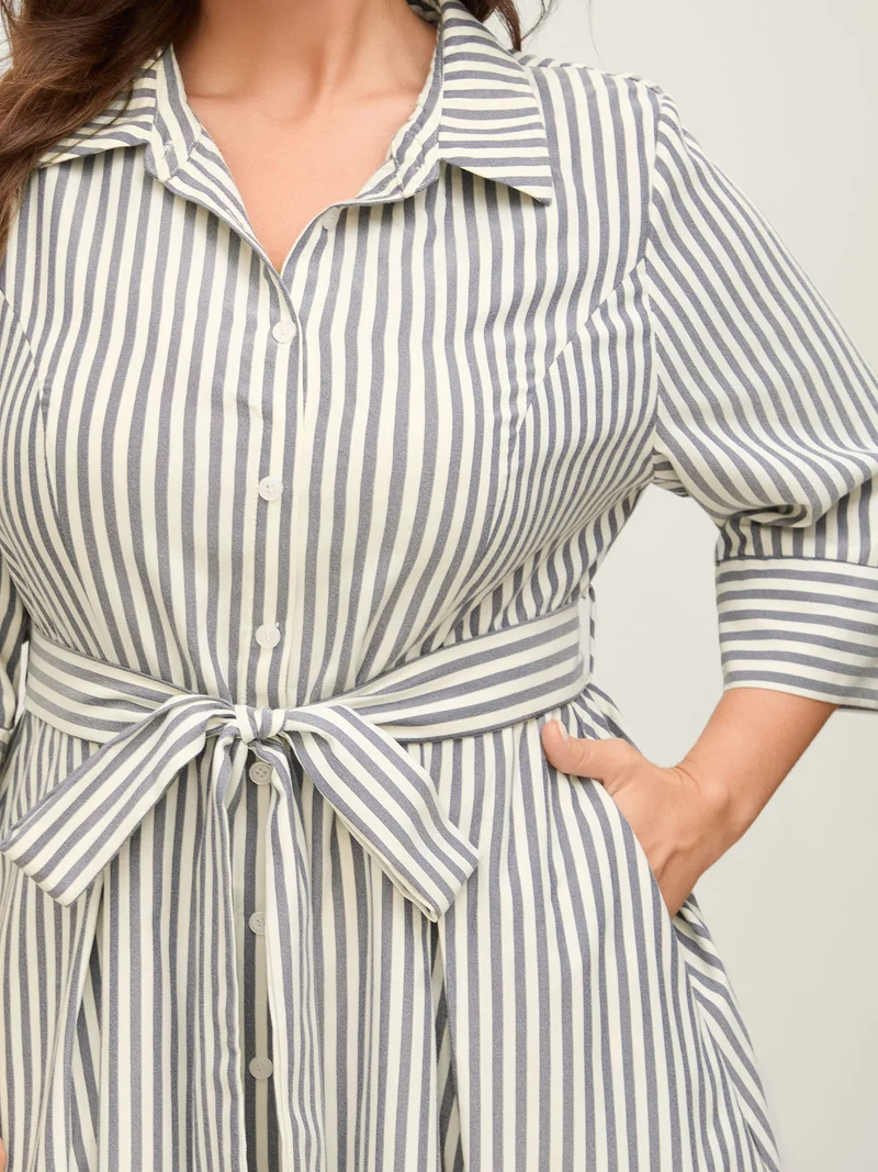 Striped Waist Belt Midi Shirt Dress