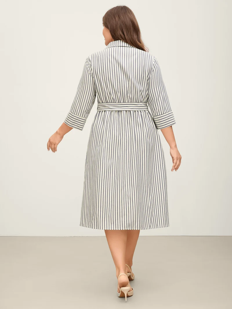 Striped Waist Belt Midi Shirt Dress