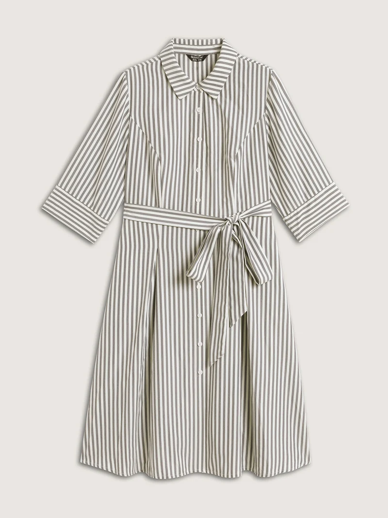 Striped Waist Belt Midi Shirt Dress