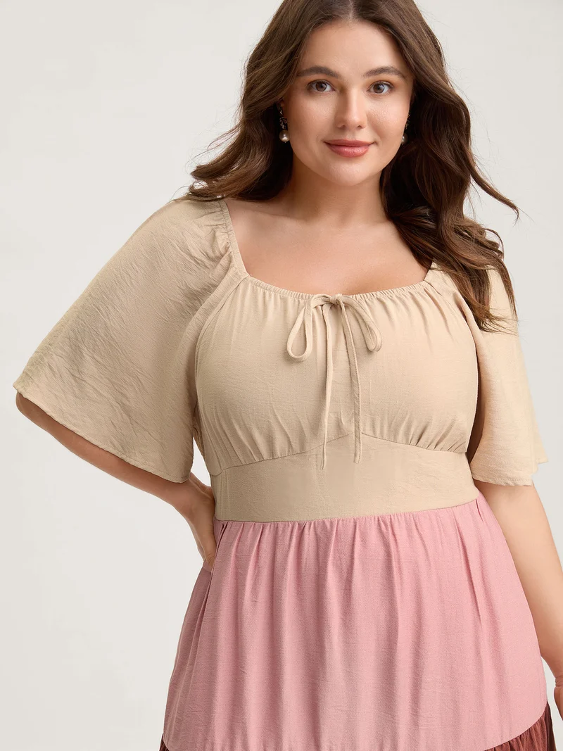 Color Block Tiered Waist-Cinched Midi Dress