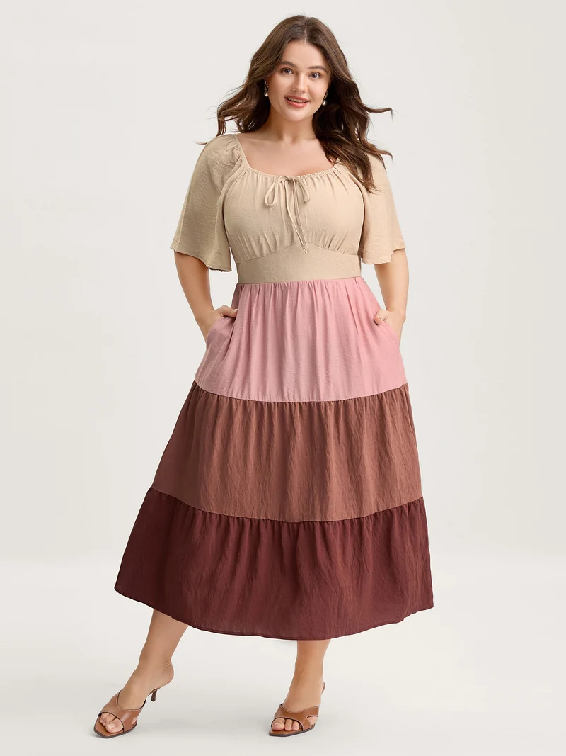 Color Block Tiered Waist-Cinched Midi Dress