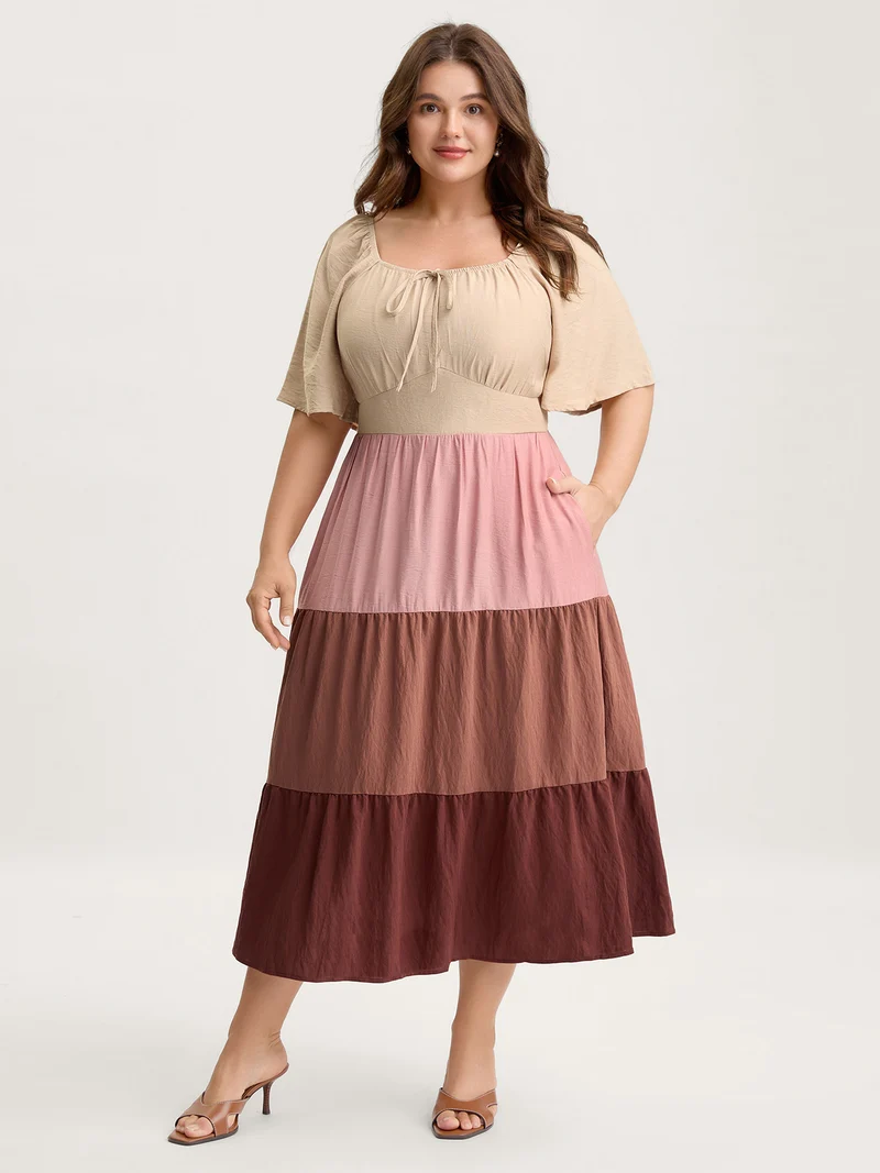 Color Block Tiered Waist-Cinched Midi Dress