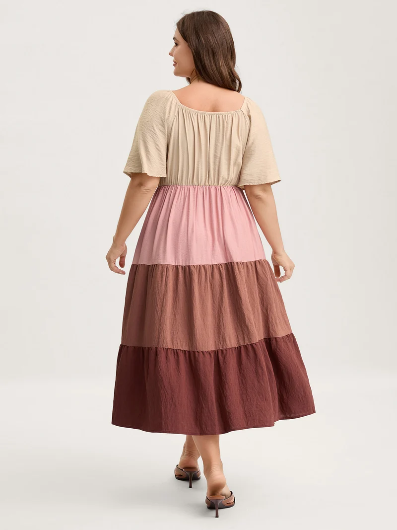 Color Block Tiered Waist-Cinched Midi Dress
