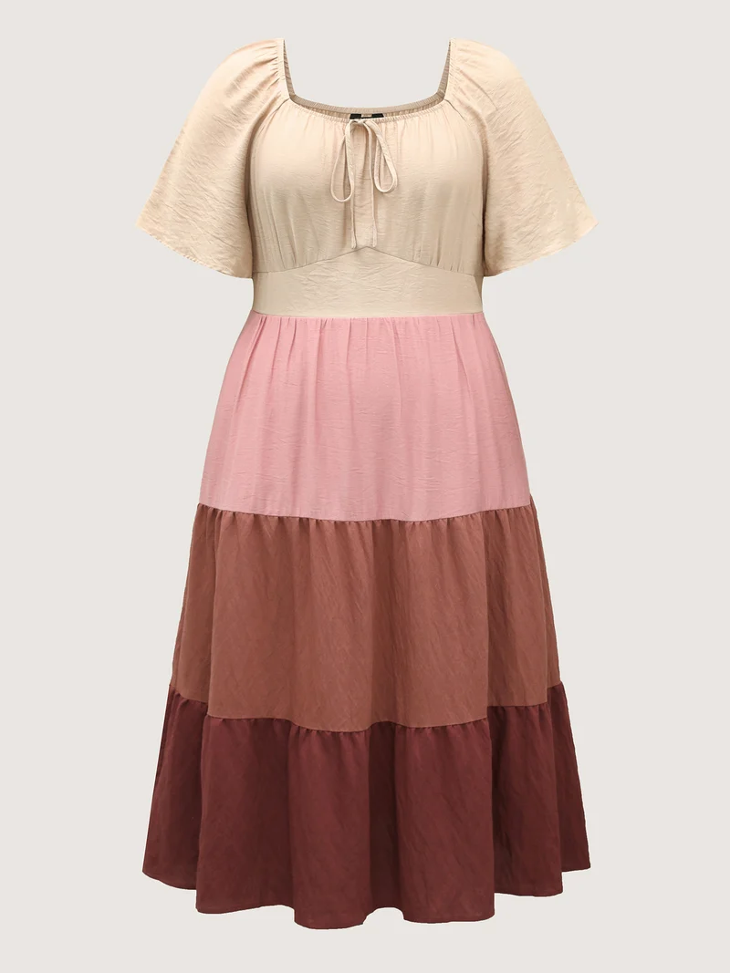 Color Block Tiered Waist-Cinched Midi Dress