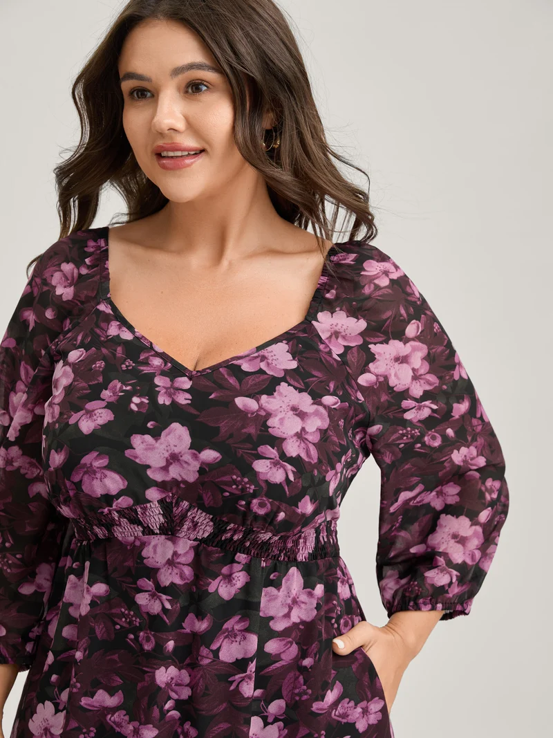 Large Floral Print Shirred Waist Midi Dress