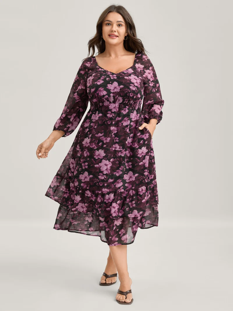 Large Floral Print Shirred Waist Midi Dress