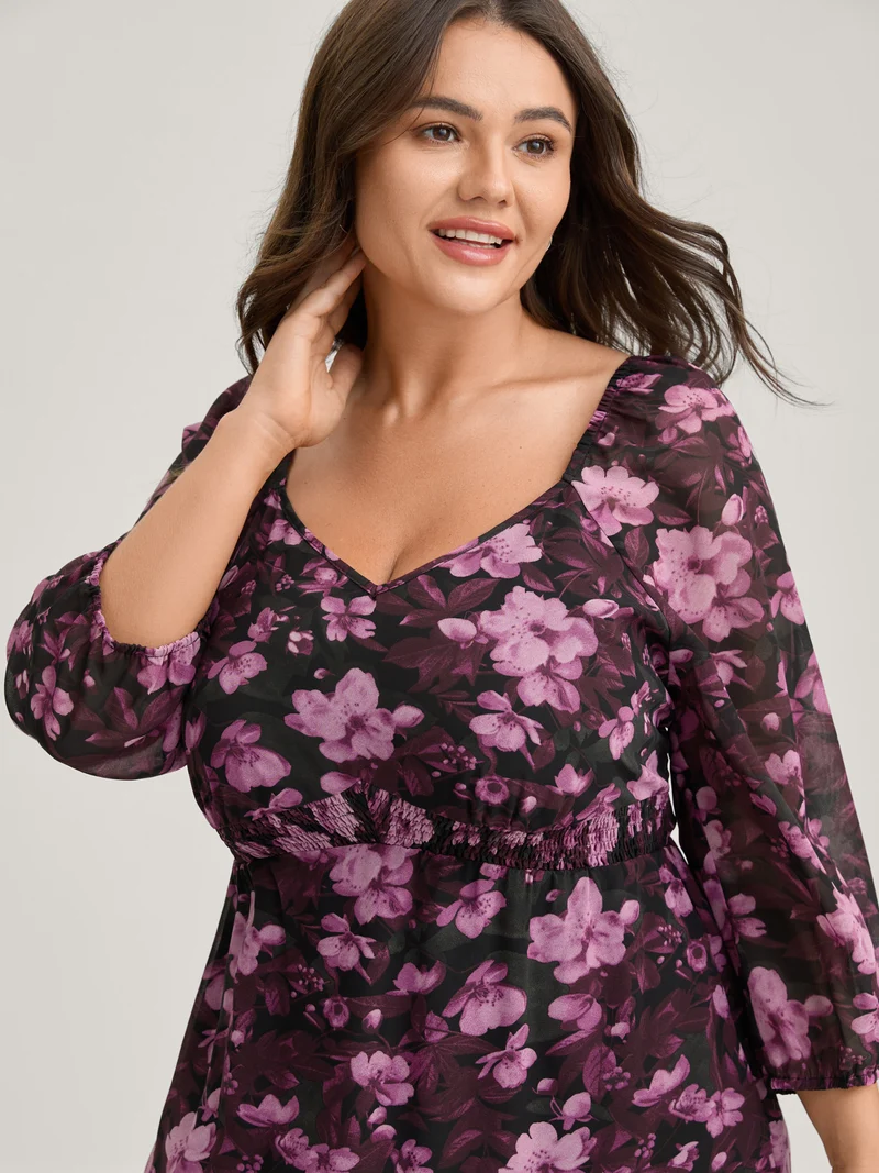 Large Floral Print Shirred Waist Midi Dress