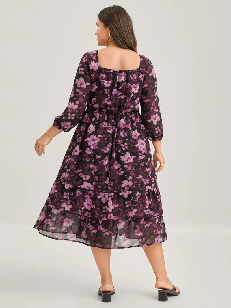 Large Floral Print Shirred Waist Midi Dress