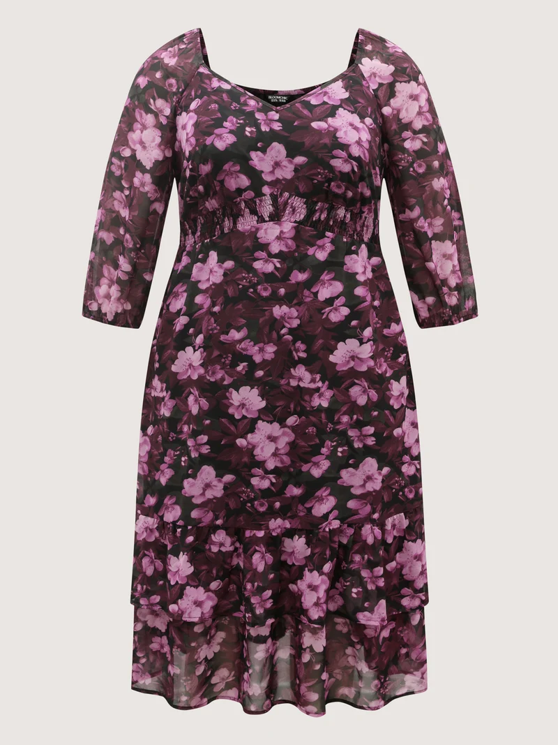 Large Floral Print Shirred Waist Midi Dress