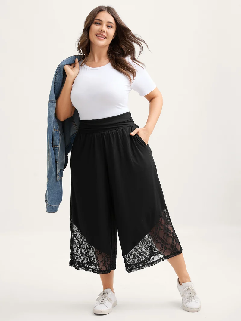 Wide Waist Sheer Lace Wide-Leg Pants