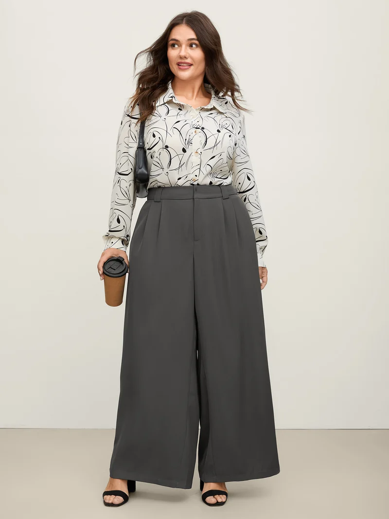 Stretchy Waist Pleated Wide-Leg Pants