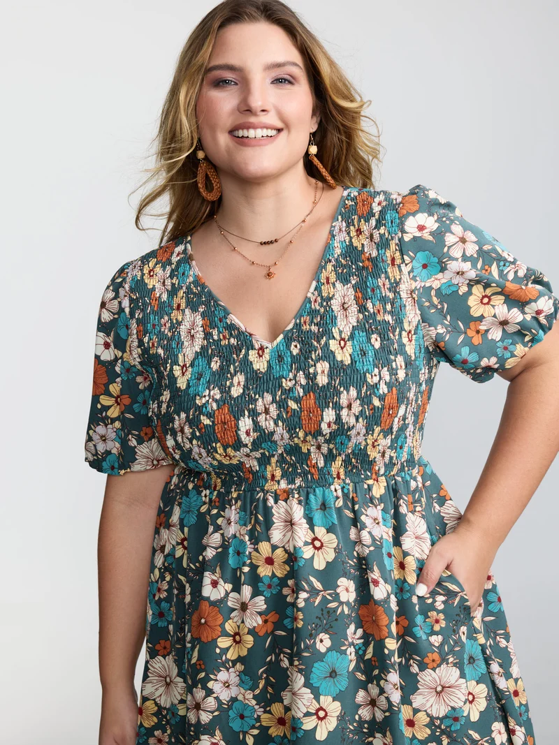Fall Florals Shirred Bodice Midi Dress
