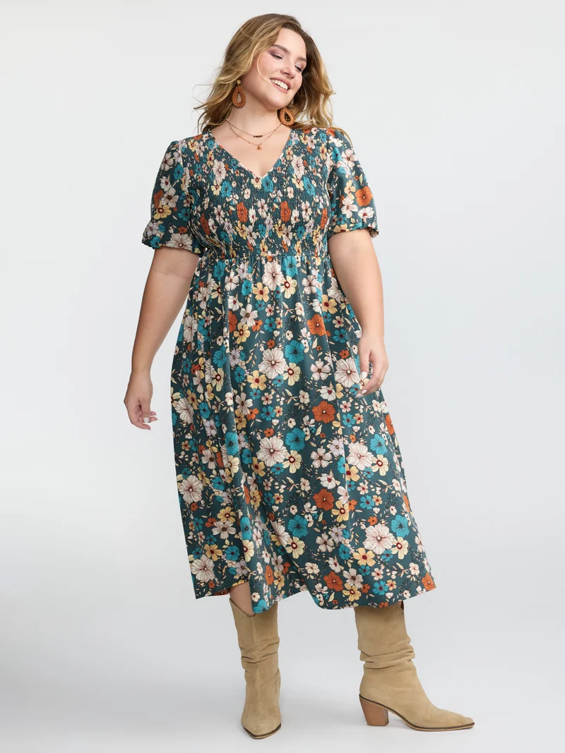 Fall Florals Shirred Bodice Midi Dress