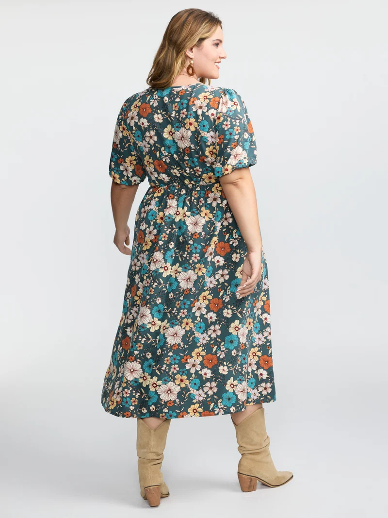 Fall Florals Shirred Bodice Midi Dress