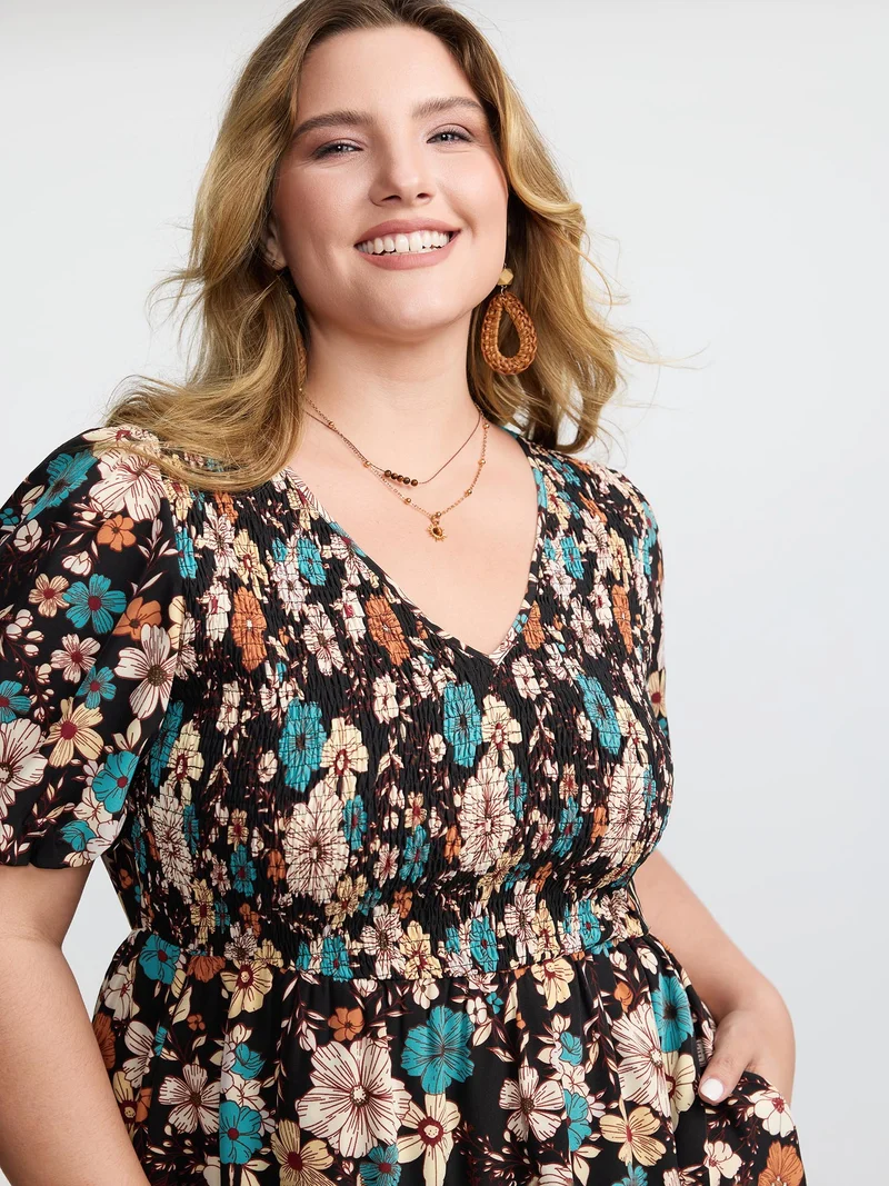 Fall Florals Shirred Bodice Midi Dress