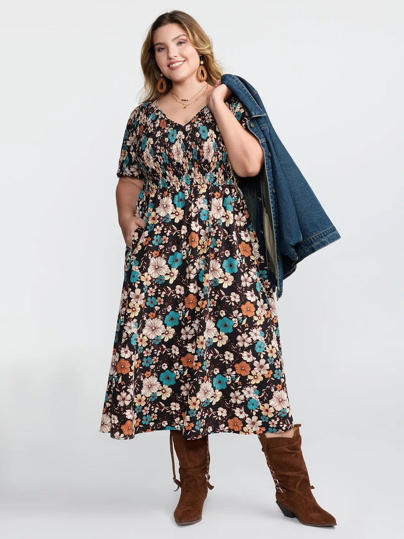 Fall Florals Shirred Bodice Midi Dress
