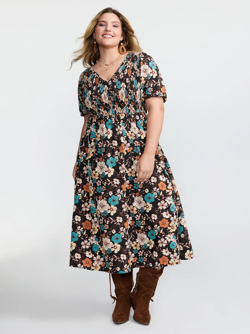 Fall Florals Shirred Bodice Midi Dress