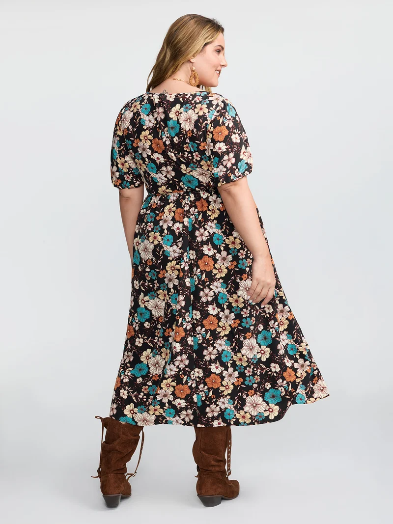 Fall Florals Shirred Bodice Midi Dress