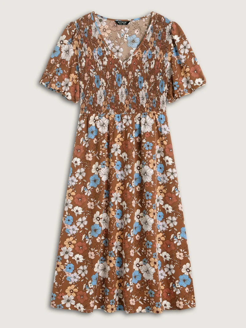 Fall Florals Shirred Bodice Midi Dress