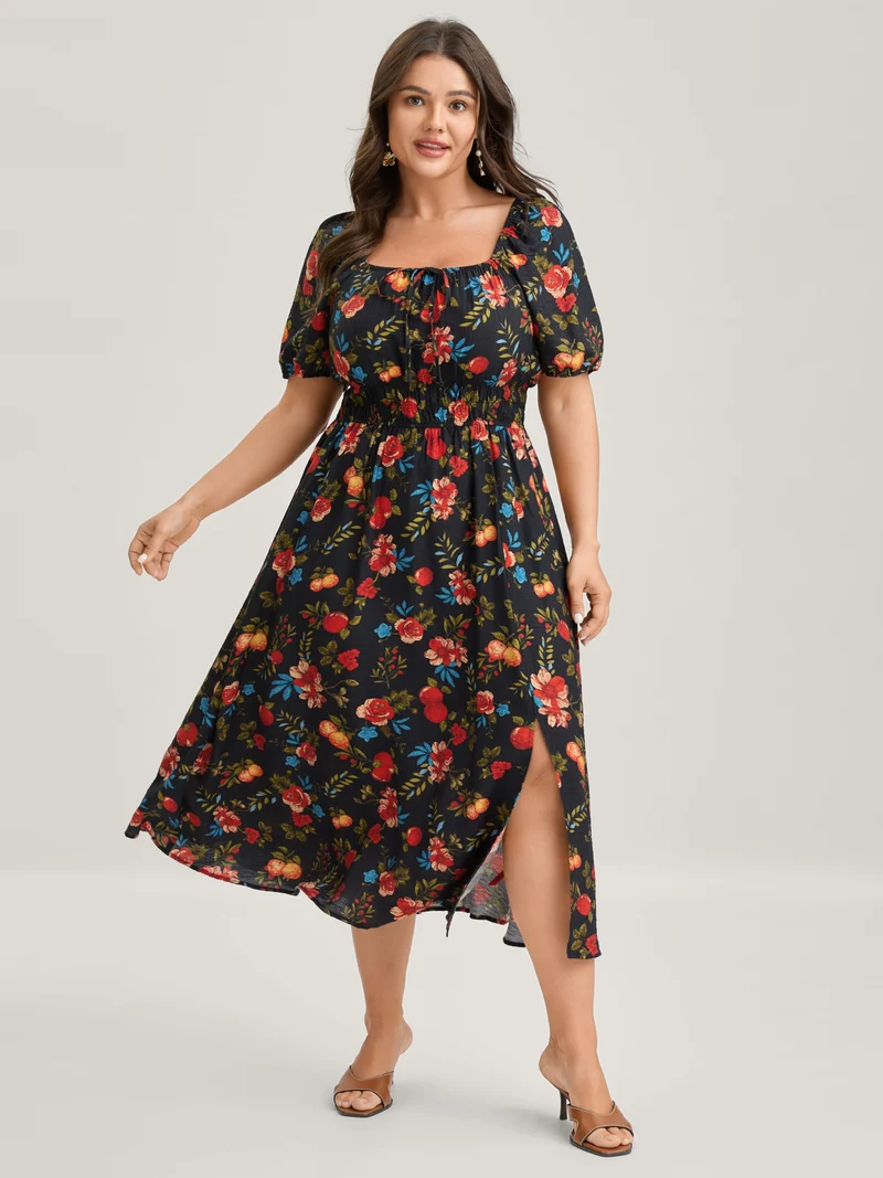Fall Fruity Floral Waist-Cinched Midi Dress