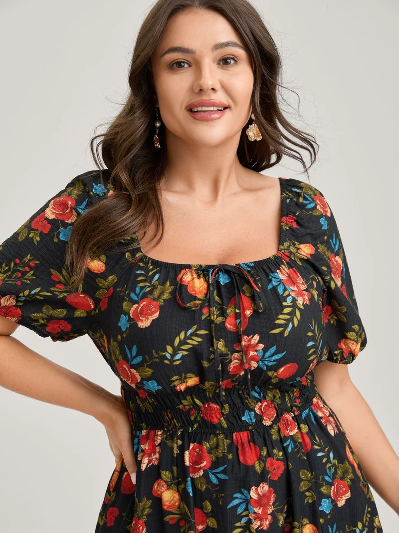 Fall Fruity Floral Waist-Cinched Midi Dress