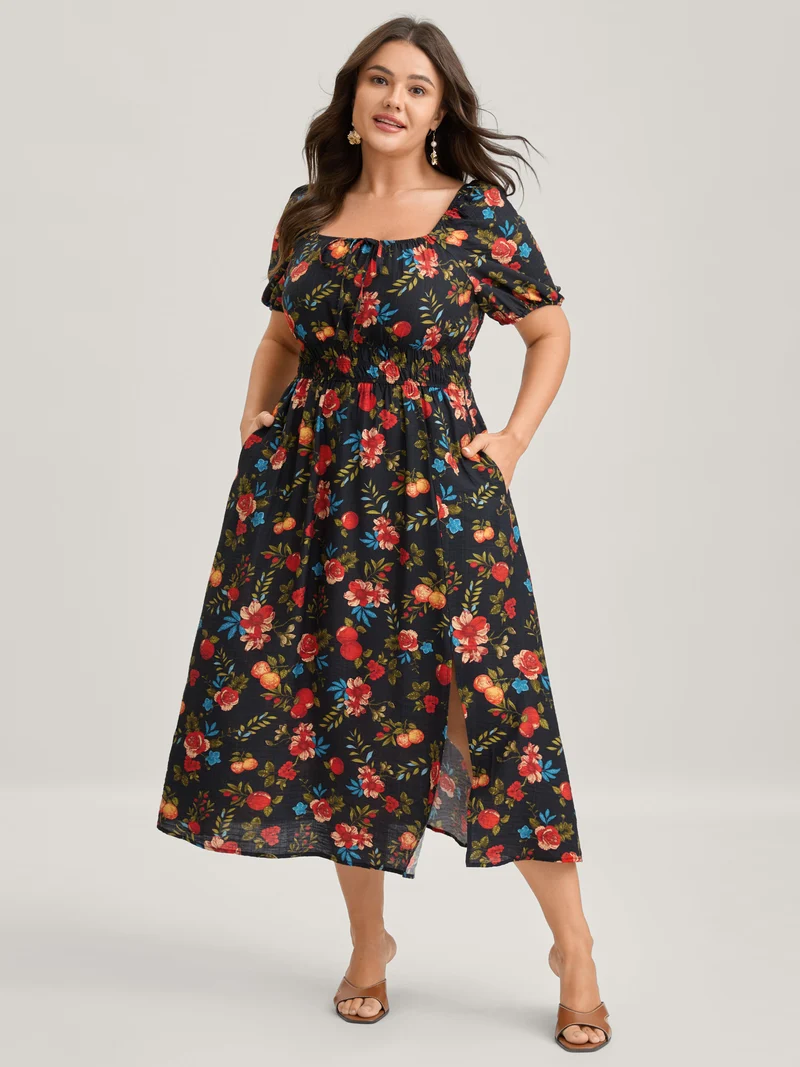 Fall Fruity Floral Waist-Cinched Midi Dress