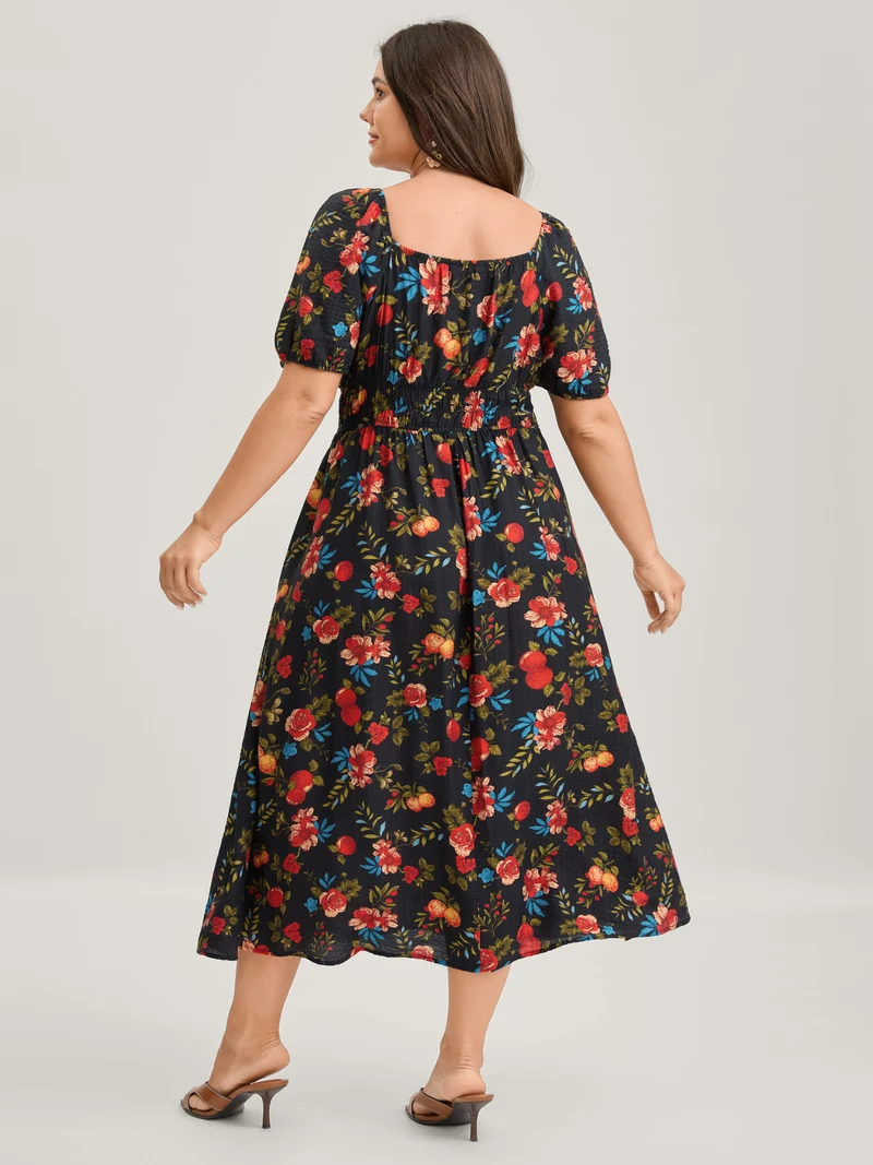 Fall Fruity Floral Waist-Cinched Midi Dress